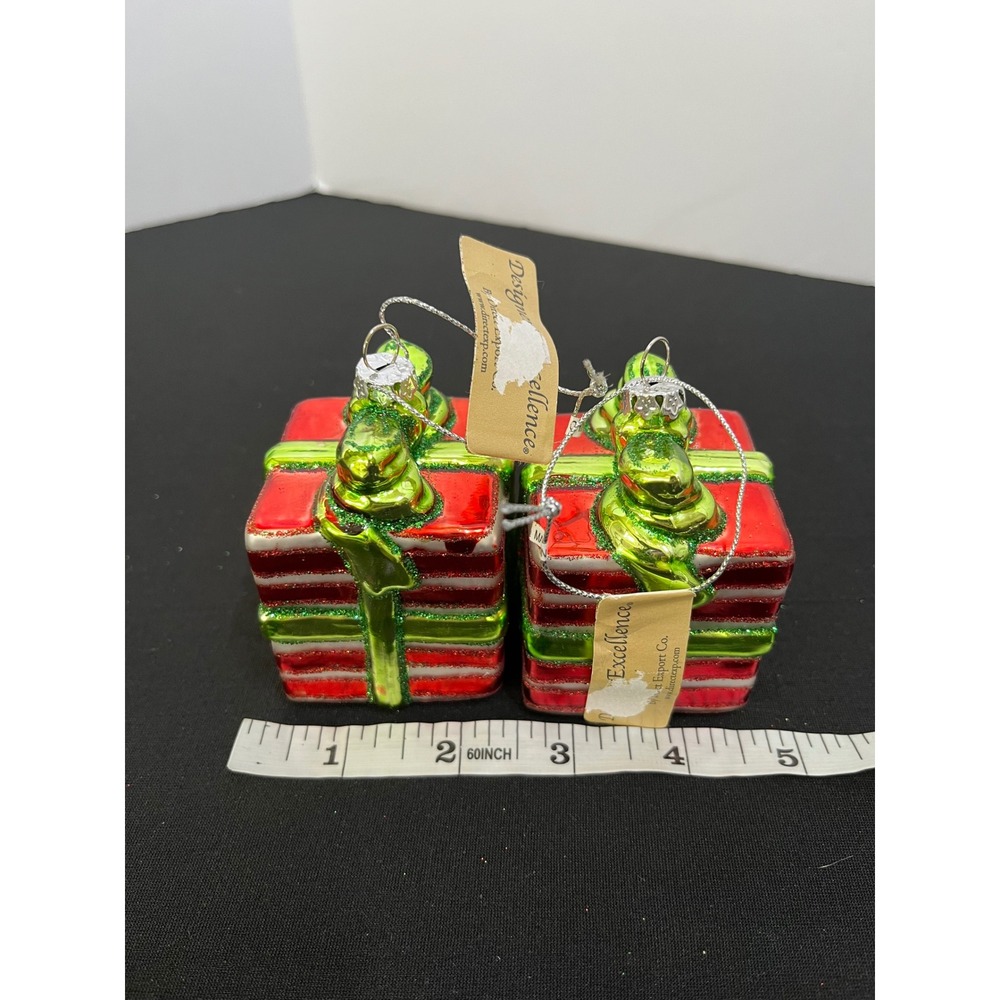 Direct Export Co Glass Gift Box Christmas Ornaments Red Green Striped Set of 2 - Picture 8 of 8
